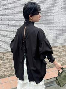 FRIFUL 女式春夏纯色落肩长袖衬衫（后背带蝴蝶结） - 黑色 - 查看 7