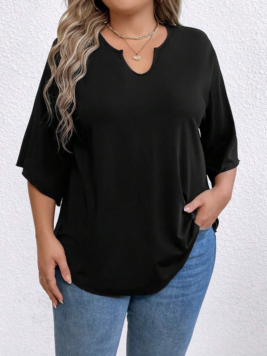 SHEIN LUNE Camiseta de punto de unicolor con cuello en V para tallas grandes - Negro - Ver 1