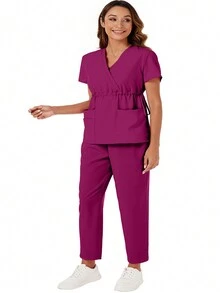 cimmuovere 大尺碼口袋V領上衣和彈性腰帶褲裝護士制服套裝，護理服裝