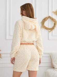 SHEIN Cottnline 2Pcs Patterned Embossed Plush Long Sleeve With Hoodie Shirt And Shorts Lounge Set - Apricot - View 2