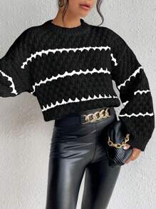 EMERY ROSE 女士撞色条纹简约休闲套头毛衣，长袖上衣，针织套头衫，秋冬款 - 黑色 - 查看 6
