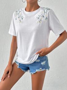 EURMUSE T-Shirt With Flower Embroidery At Shoulder, Round Collar - White - View 5