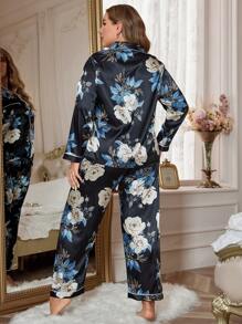 Plus Floral Print Contrast Piping Satin PJ Set / Pajama Set - Black - View 2