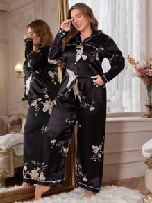 加大花卉印花撞色滚边缎面睡衣套装/睡衣套装