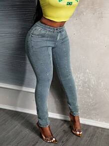Slaydiva Solid Color Button Pocket Skinny Sexy Jeans - Medium Wash - View 4