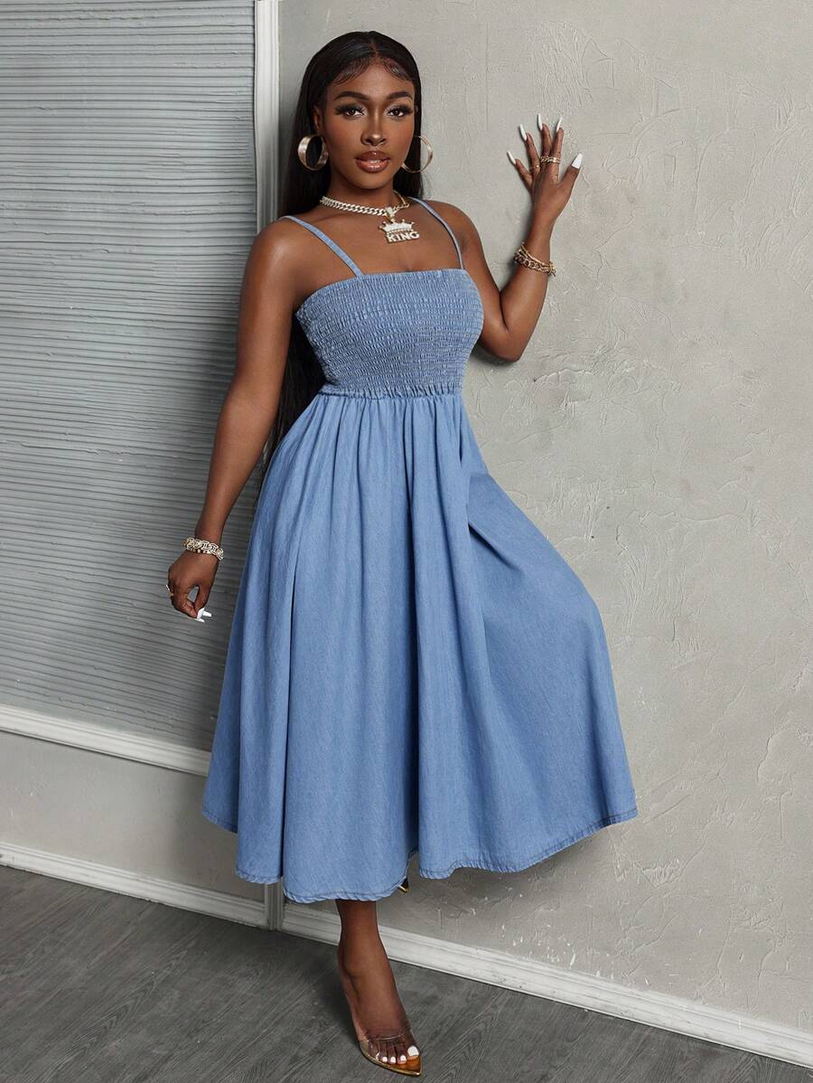 Slaydiva Women Solid Color Minimalist Everyday Denim Camisole Dress