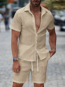 Manfinity CasualCool Men's Slim Fit Textured White Shirt Set - Khaki - View 3