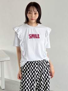 FRIFUL Ladies' Summer Round Neck Short Sleeve T-Shirt With Frill Edging And Letter Print,Ruffle Cute Tops,Graphic Tees