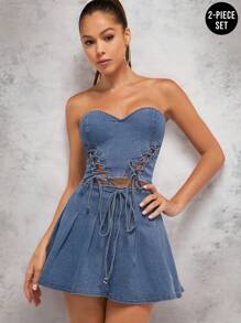 Denimoi 牛仔系带抹胸 & 短裙两件套 - 中等水洗藍 - 查看 1