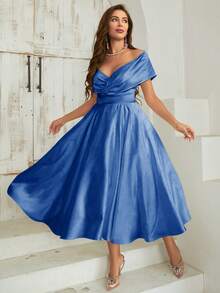 SHEIN Belle Vestido Elegante de Ombro Caído de Cor Sólida - Azul Royal - Visão 6