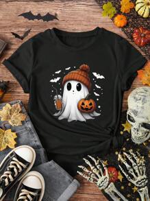 INAWLY Cute Halloween Ghost Graphic T-Shirt, Pumpkin Halloween Short Sleeve Casual Tee - Black - View 1