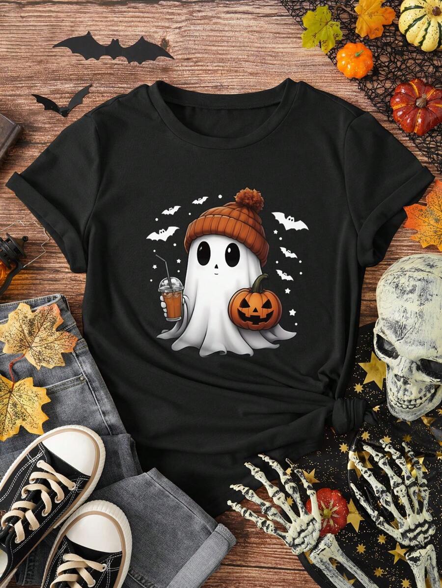 INAWLY Cute Halloween Ghost Graphic T-Shirt, Pumpkin Halloween Short Sleeve Casual Tee - Black - View 1