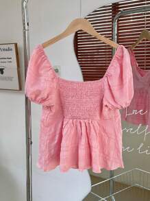 SHEIN Unity 宽松荷叶边纯色泡泡袖纽扣衬衫，中式领，夏季，短袖上衣 - 粉色 - 查看 2