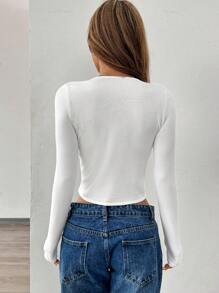SHEIN Unity Women's Solid Color Twist Front Slit Hem Long Sleeve Sweater, Spring Autumn, Knit Pullover Fall Winter - White - View 2