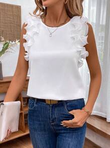 SHEIN LUNE Loose Fit Ruched Frill Edged Top With Round Neck And Flared Hem - White - View 7