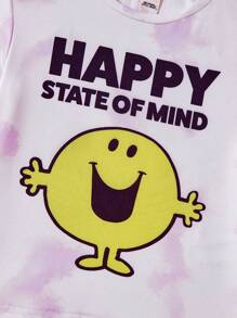 Mr Men Little Miss X SHEIN Young Boy Tie Dye Casual Short Sleeve T-Shirt With Letter And Smiling Face Print