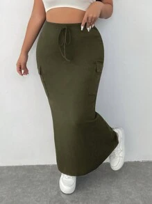 SHEIN EZwear Falda maxi informal de talla grande con bolsillo tipo cargo y cinturón