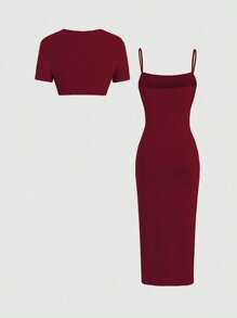 Sweetra Set de 2 piezas compuesto por un vestido de tirantes finos y una blusa de manga corta, lisos y casuales, para usar diariamente, ideal para Año Nuevo