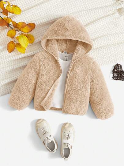 SHEIN 男婴杏色保暖内衬拉链连帽夹克，柔软舒适，适合休闲、户外、运动