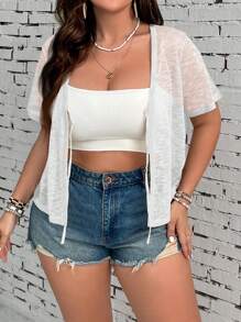 SHEIN VCAY Plus Size Tie Knot Short Sleeve Knit Blouse - White - View 5