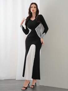 Modelyn Robe longue à manches longues et col en V avec bloc de couleurs pour femmes, robe de soirée élégante pour soirée