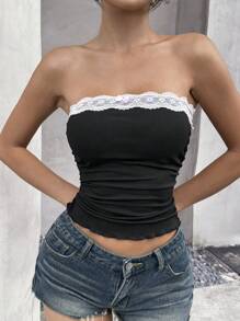 SHEIN EZwear 夏季外出对比粉色蕾丝边褶皱侧蝴蝶结前抹胸 - 黑色 - 查看 7