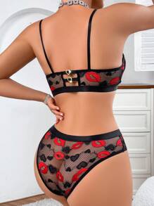 2pcs/Set Romantic Lace Wireless Sheer Sexy Lingerie Bra And Panty Set - Black - View 6