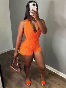 SHEIN Slayr Women Simple Solid Color Sleeveless Zip Up Orange Bodycon Jumpsuit - Orange - View 3