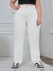 SHEIN Cottnline Plus Size Women Pockets Straight-Leg Casual Versatile Jeans - White - View 1