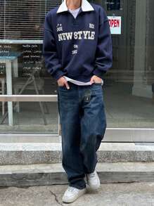 DAZY 男士休闲撞色字母印花落肩套头衫，秋季