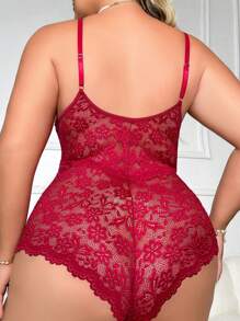 SHEIN Plus Size Nữ Thiết Kế Dây Xích Quần Áo Ngủ Ren Cổ Chữ V Sâu - Màu Đỏ Sâu - Xem 2