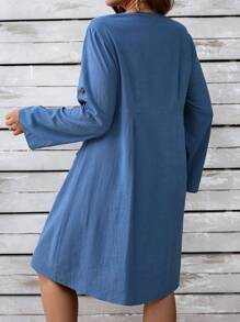 EMERY ROSE Plus Size Women's Solid Color Minimalist V-Neck Button Down Long Sleeve Midi Dress - Dusty Blue - View 6
