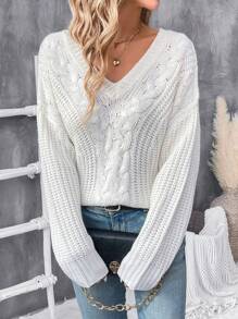 Chiquease Damski sweter w jednolitym kolorze, z prostym dekoltem w kształcie litery V i luźną dzianiną