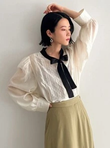 FRIFUL 女士蝴蝶領休閒日常長袖上衣 - 米色 - 查看 12