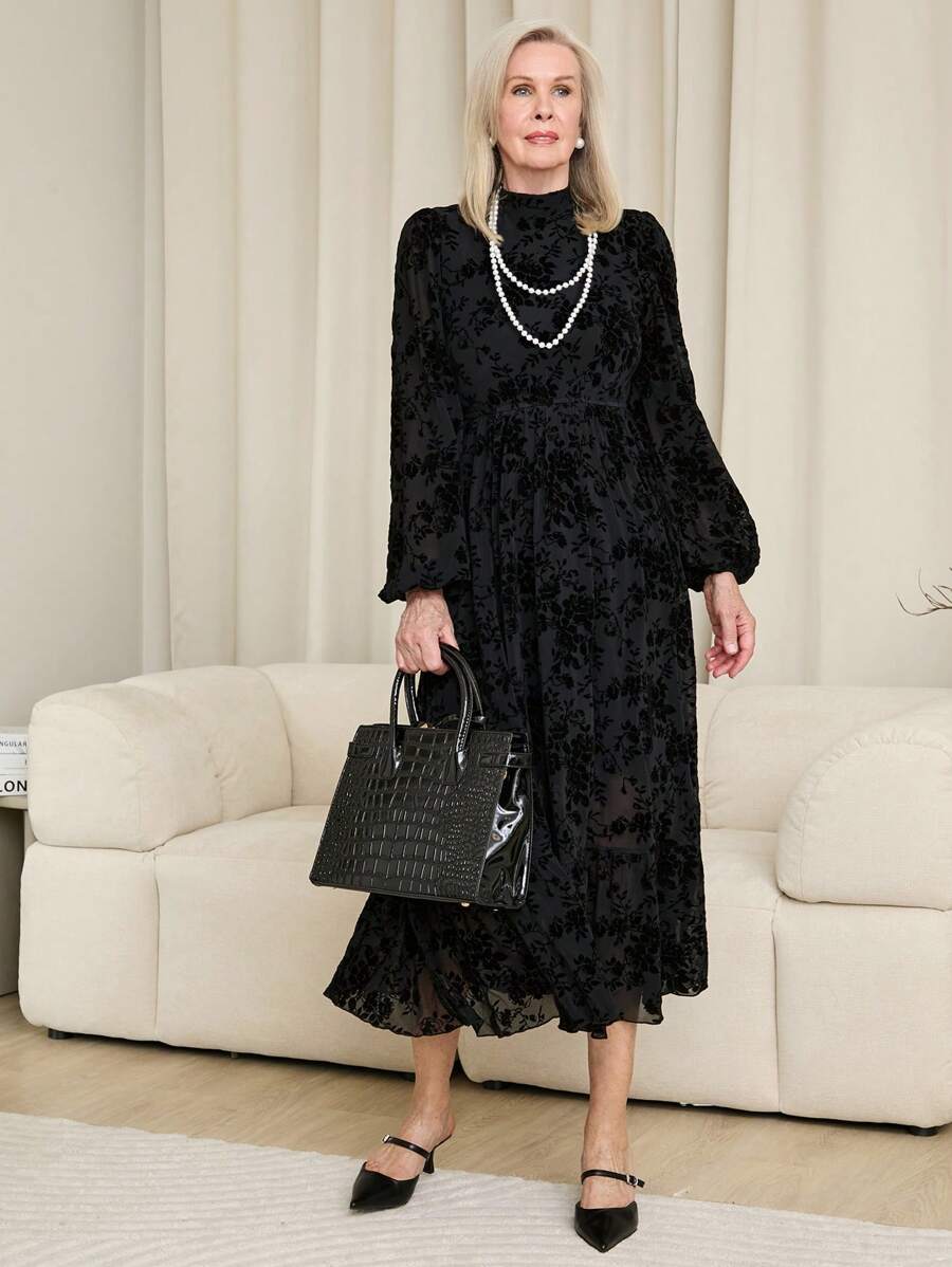 SHEIN LUNE 女士花卉印花简约休闲高领长袖连衣裙 - 黑色 - 查看 1