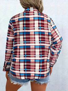 SHEIN LUNE Camisa casual de manga larga con botones en el bolsillo delantero y estampado de cuadros para tallas grandes