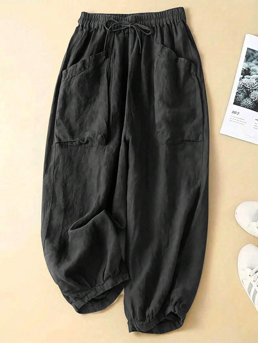 Quần Jogger cạp rút màu trơn đơn giản cho nữ, Xuân/Hè - màu đen - Xem 1