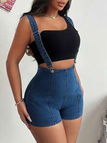 SHEIN SXY Women's Zippered Back Design Slim Fit Denim Bib Shorts - Blue - View 5