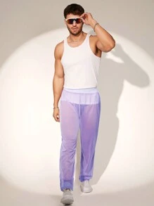FeverCity Men's Sexy See-Through Mesh Loose Long Pants - Purple - View 4