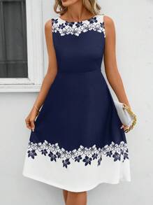 SHEIN Clasi Women's Elegant Color Block & Floral Print Sleeveless Dress, Summer - Navy Blue - View 3