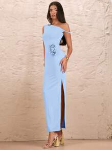 SHEIN BAE Vestido con estampado floral 3D con abertura alta para mujer, hombro asimétrico, unicolor, pliegues y hombro oblicuo sexy, para verano, vacaciones y citas románticas