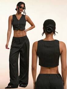 Forever 21 Vêtements vintage pour femmes en automne et hiver, chemise noire boutonnée pour le travail et débardeur à rayures pour femmes - Noir - Voir 4