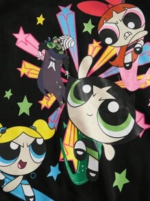 The Powerpuff Girls | ROMWE 女士卡通印花宽松抽绳拉链前短款连帽衫、长袖上衣，适合春秋季节、学校