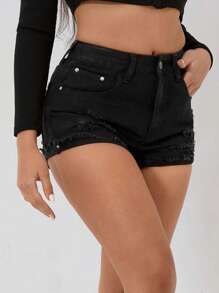 SHEIN PETITE Ripped Raw Hem Denim Shorts - Black - View 3