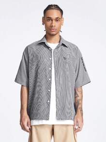 Manfinity NXTstreet Men's Embroidered Pattern Loose Woven Short Sleeve Shirt, Suitable For Summer - Black - View 4