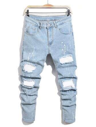 Manfinity Homme Men's Distressed Slim-Fit Casual Denim Jeans With Pockets