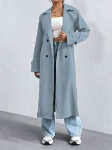 Flirla Women's Solid Color Minimalist Casual Turndown Collar Button Long Sleeve Trench Coat