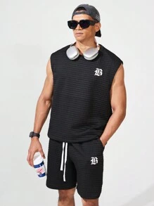 Gym Rark 男友风男士简约印花无袖上衣短裤运动套装健身健身套装 - 黑色 - 查看 9
