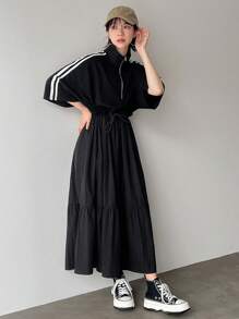 FRIFUL Đầm suông in sọc có khóa kéo phía trước cho nữ - màu đen - Xem 2