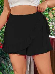SHEIN Clasi Plus Size Women Summer Plain Ruffle Hem Wrap Casual Black Skort Black Skirt Womengirl Black Skirtblack Skirt - Black - View 5
